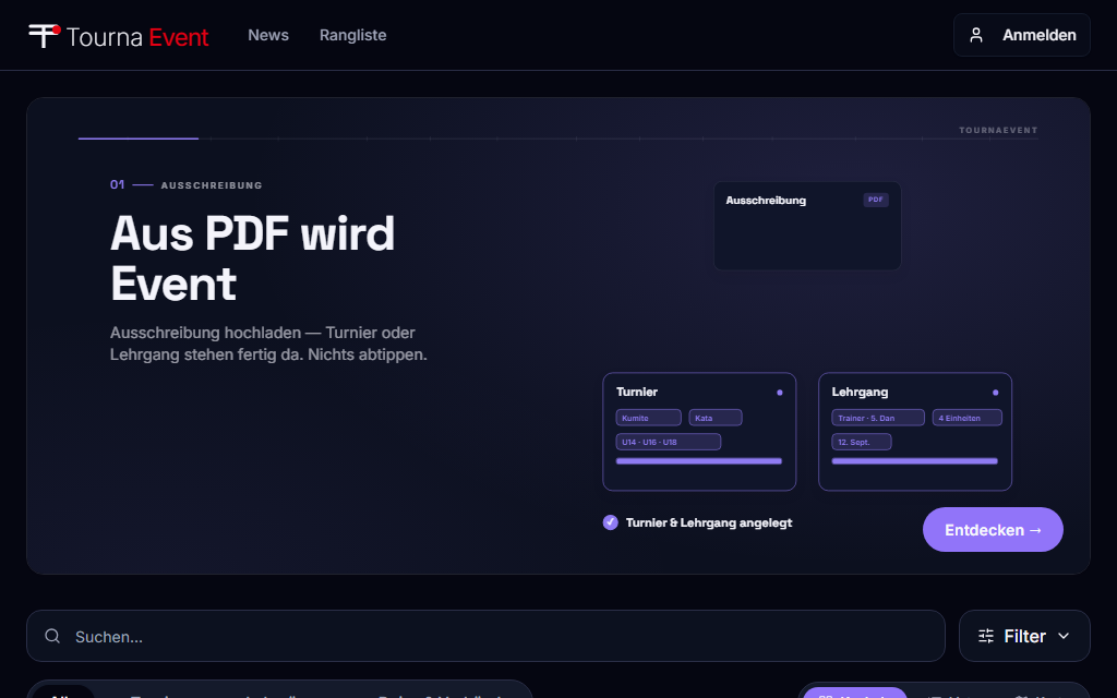 Startseite von TournaEvent: Ausschreibungs-Import per PDF, Suche und Event-Kacheln